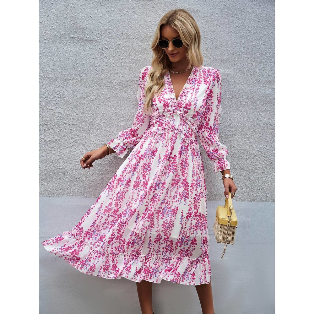 Long sleeve Floral print Frill Trim Flounce Sleeve Ruffle Hem midi Dress blue - Picture 4 of 5